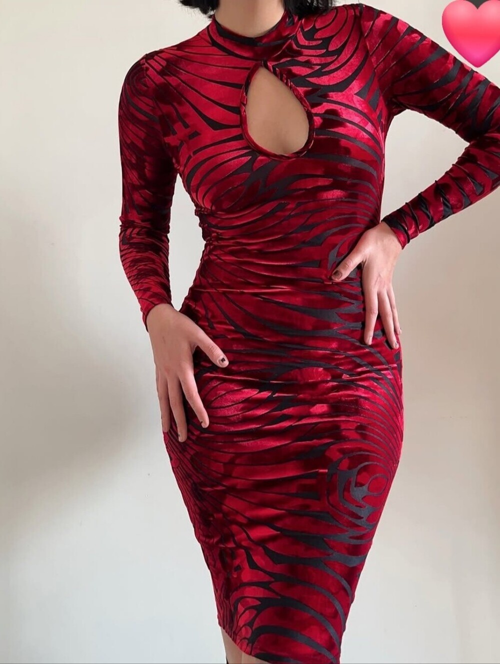 VM Red Keyhole Long-Sleeve Bodycon Dress with Abstract Black Print
